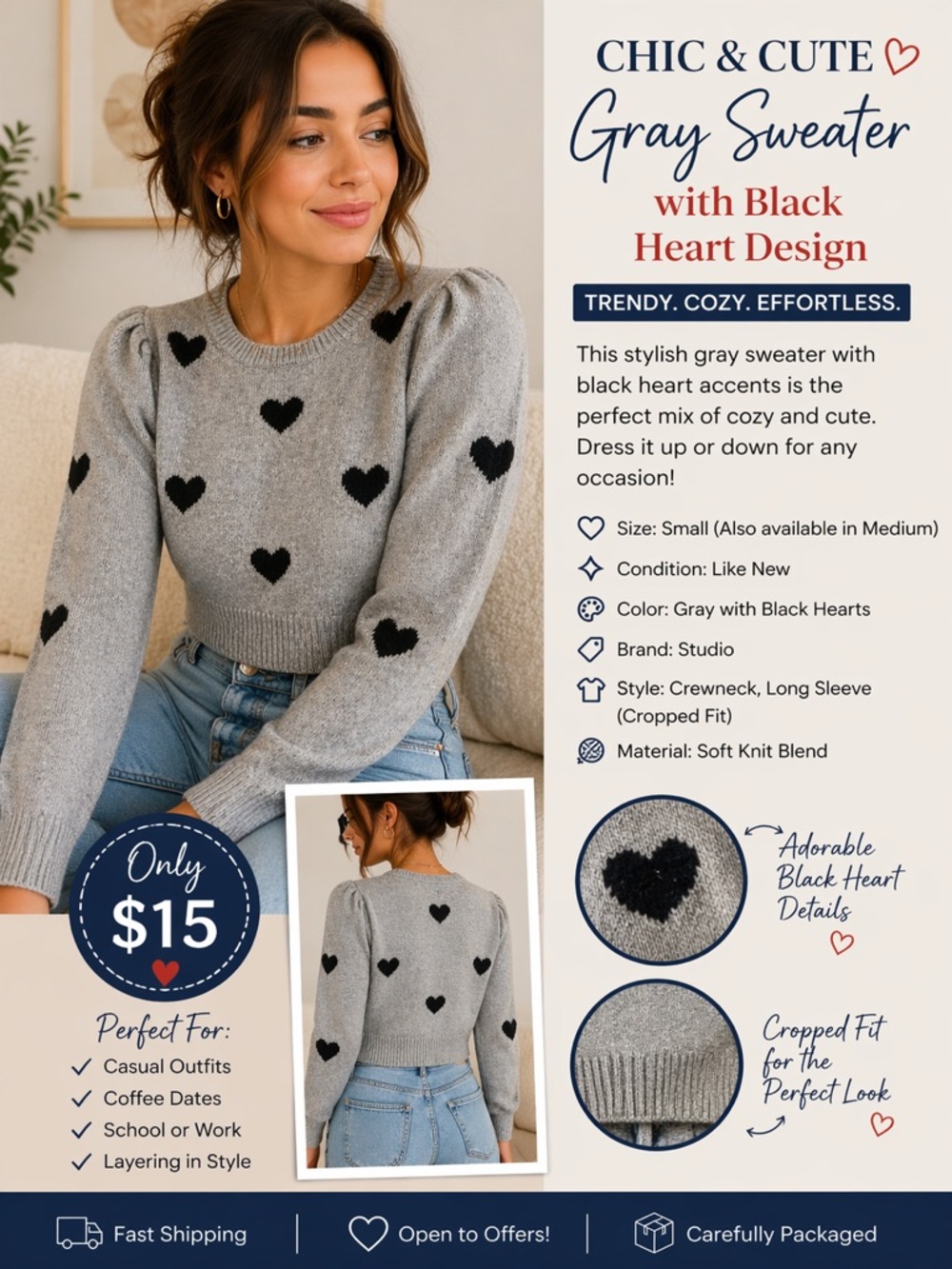 Chic Gray Sweater with Black Heart Design